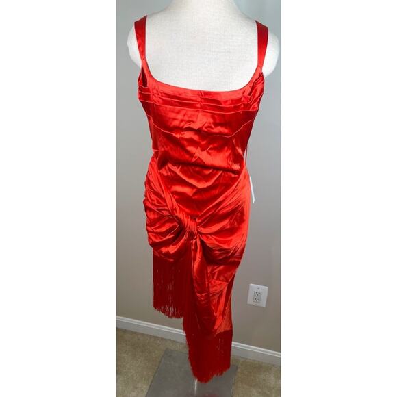 For Love & Lemons Anisa Silk Fringe Ruched Draped Red Midi Dress Size Large - Picture 6 of 12